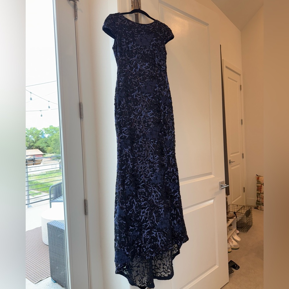 Calvin Klein Navy Blue Cap Sleeve Sequin Overlay Formal Dress